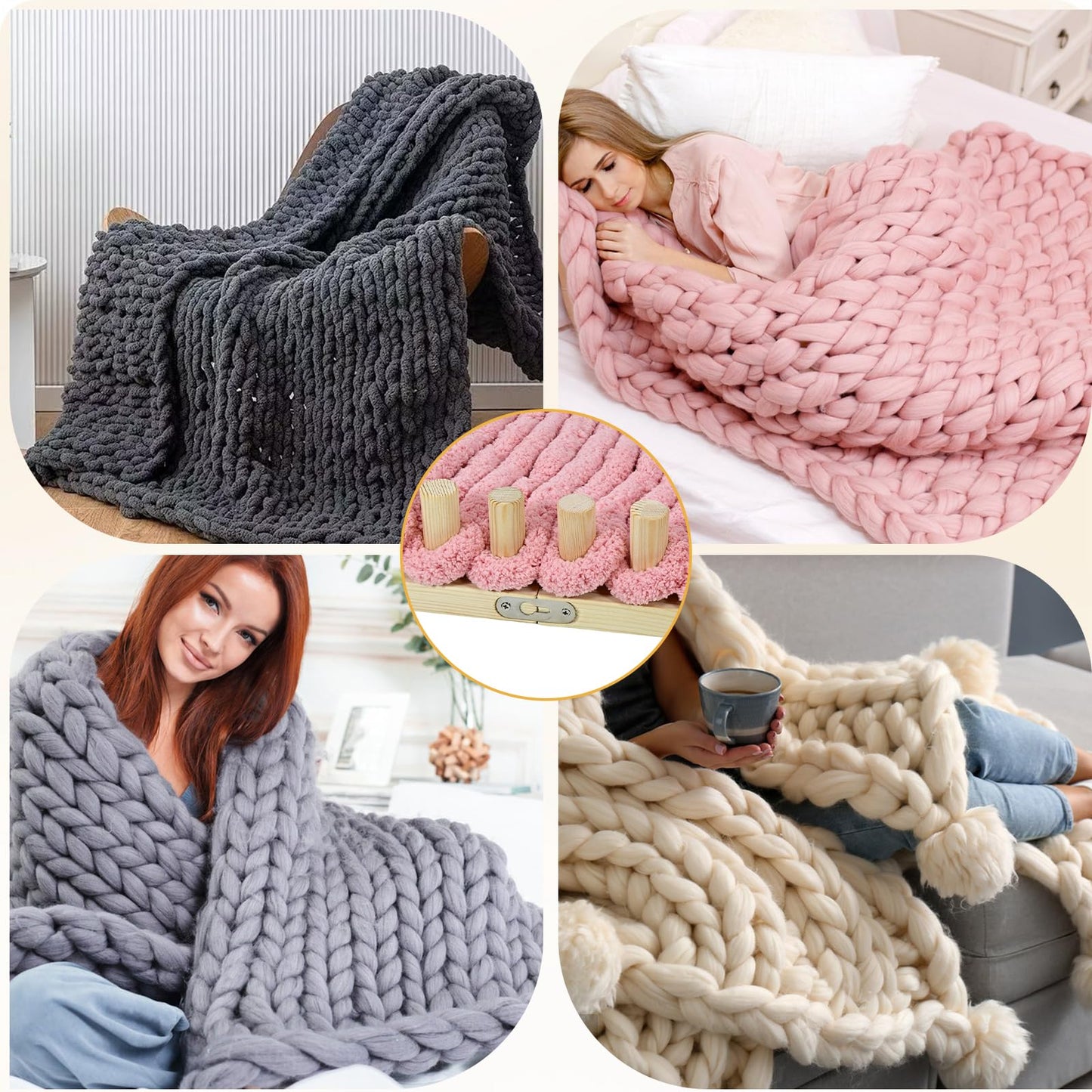ZMJY 46" Adjustable Chunky Yarn Loom Kit for DIY Blankets | Beginner-Friendly Hand Knitting Loom with Modular Wooden Frame | No Needles Required for Family Craft, Home Decor & Stress Relief
