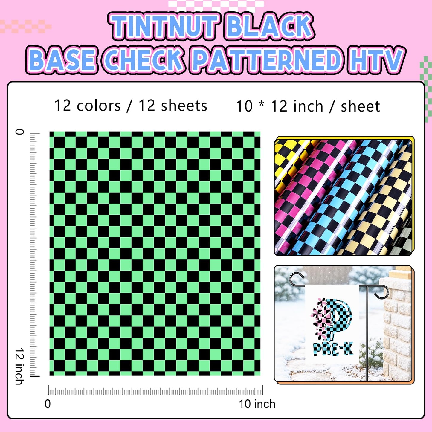 Tintnut Checkerboard Heat Transfer Vinyl, 12 Sheets 12"x10" Black Base Check Patterned HTV Iron on Vinyl for DIY T-Shirts, Apparel & Crafts