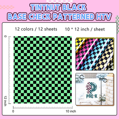 Tintnut Checkerboard Heat Transfer Vinyl, 12 Sheets 12"x10" Black Base Check Patterned HTV Iron on Vinyl for DIY T-Shirts, Apparel & Crafts