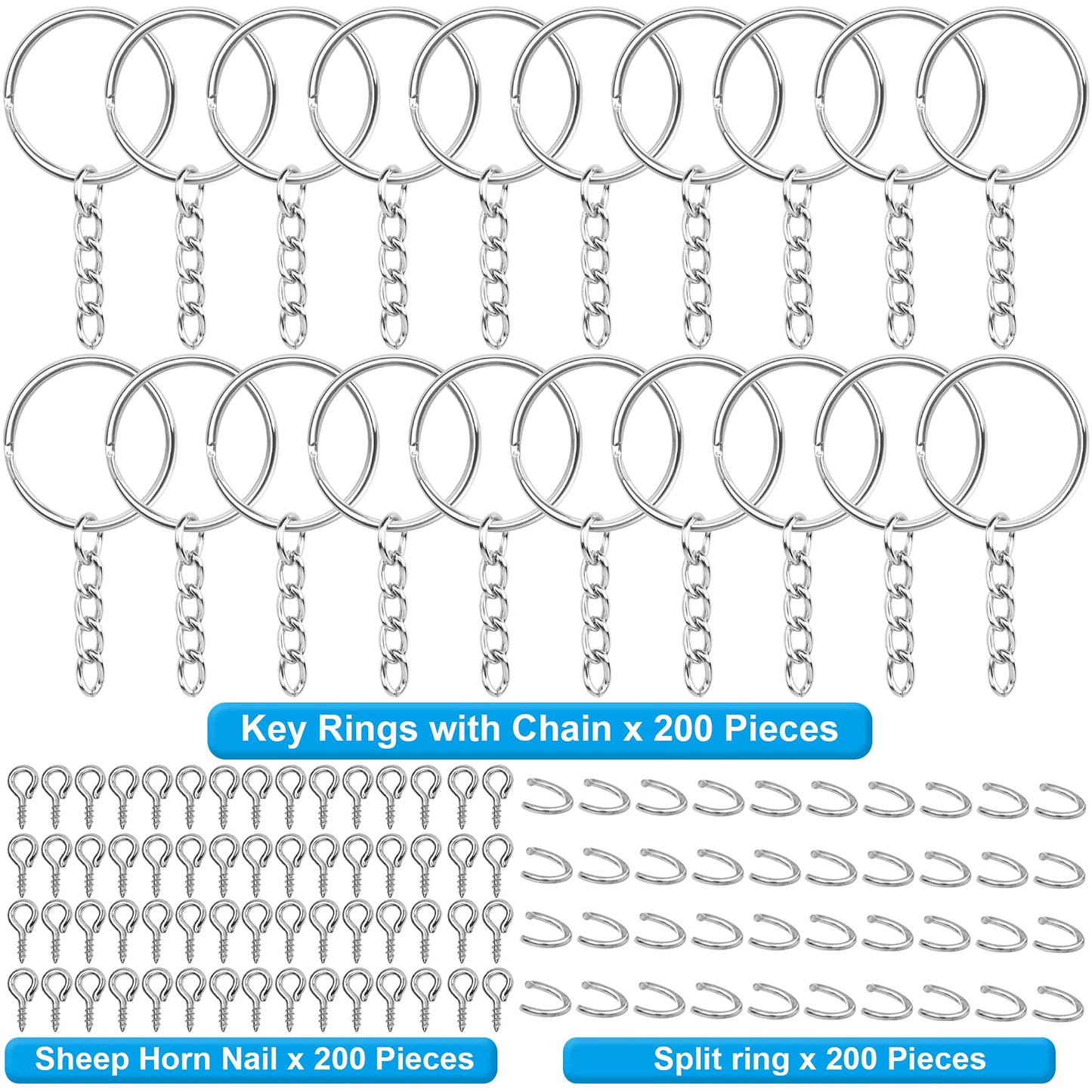 600Pcs Keychain Rings - 25mm Rings, Keys Jumps Including Chain & 200 Screw Eye Pins - Set for Resin Crafts