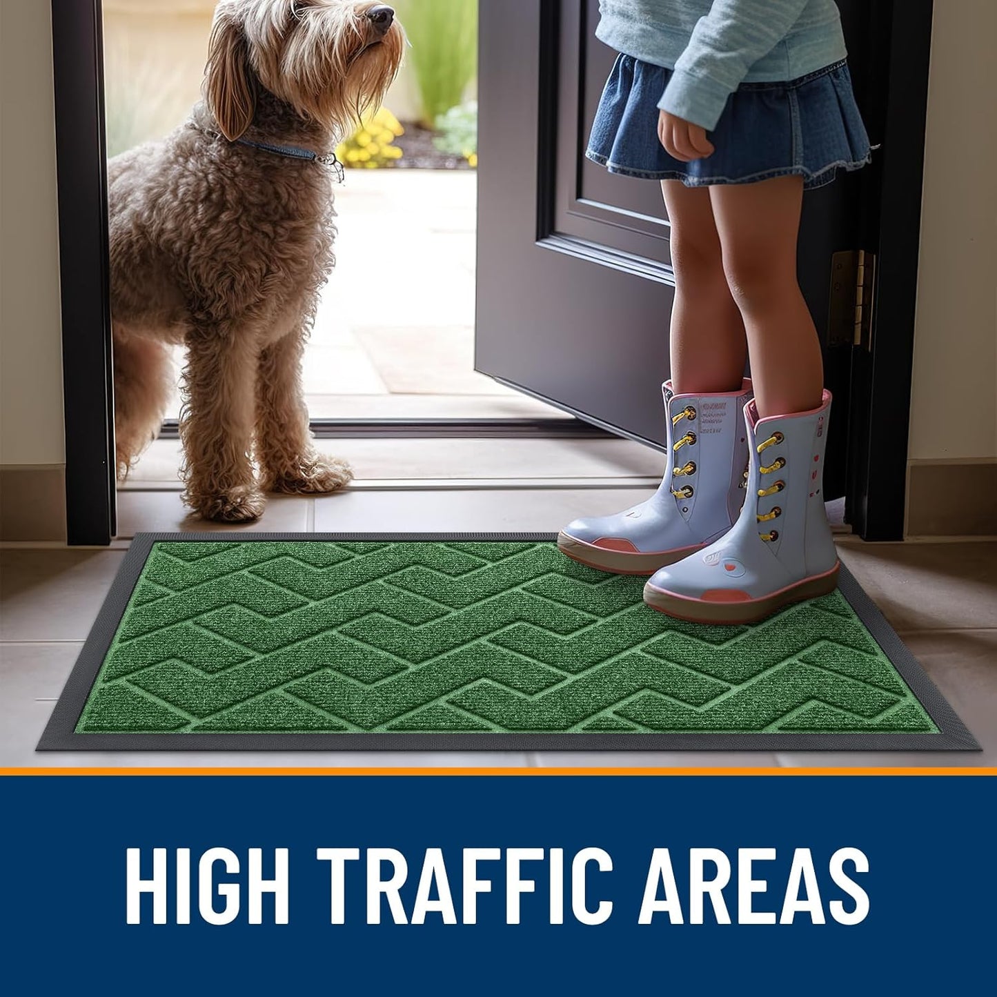 OLANLY Waterproof Front Door Mat - All-Season Sturdy Natural Rubber | Low Profile Herringbone Design (Green, 29.5x17)