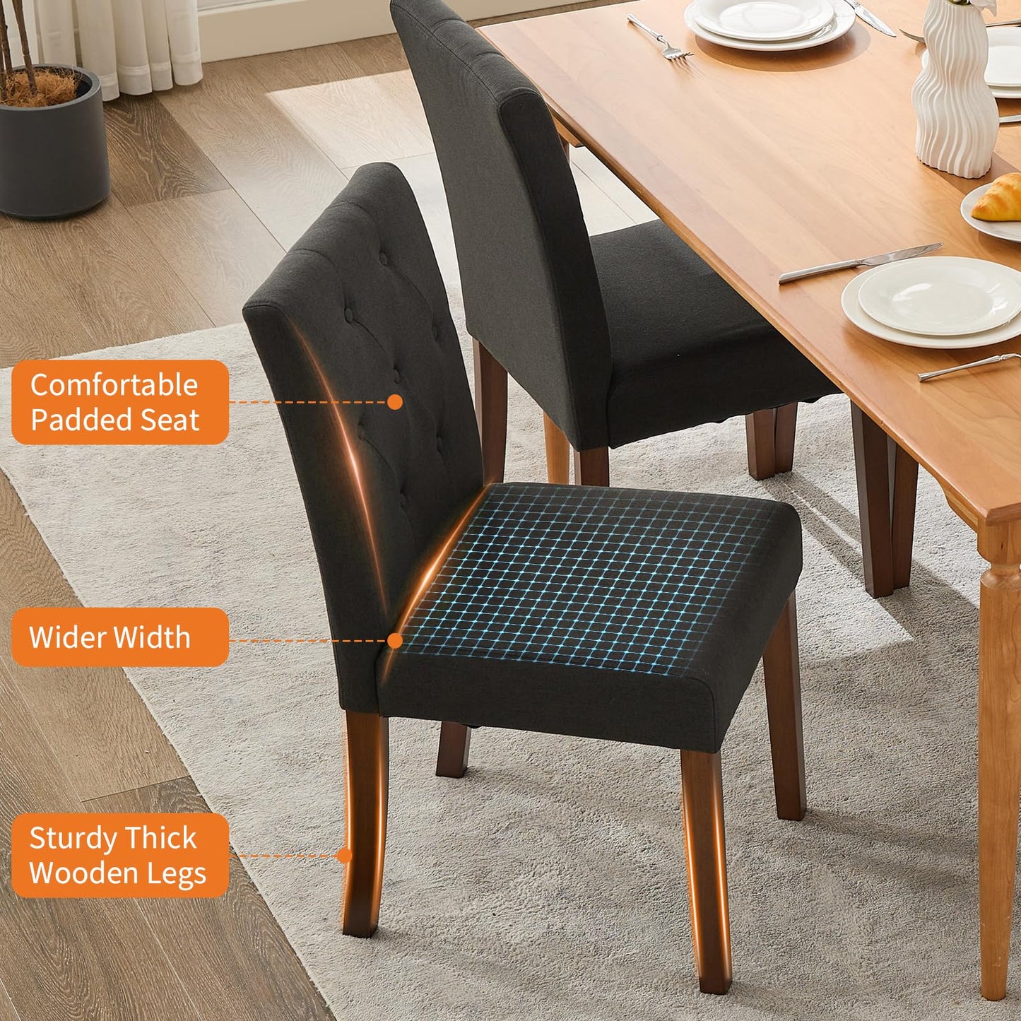 IDEALHOUSE Dining Chairs Set of 6, Linen Fabric Upholstered Parsons Chairs with Rubberwood Legs, Comfortable Padded Seat Kitchen, Dining Room Side Chairs, Living Room Black