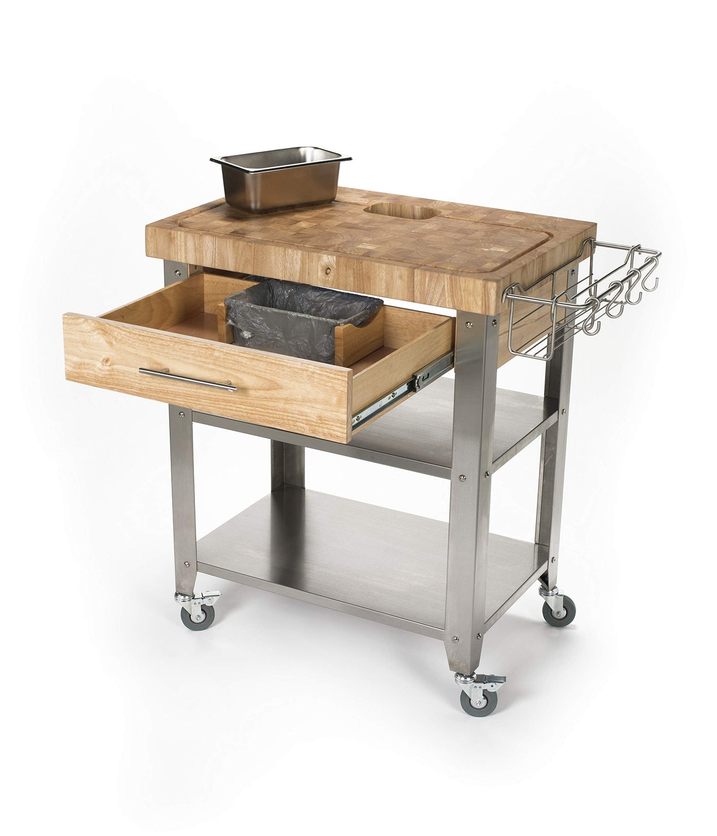 Chris & Chris JET018 Rolling Kitchen Island-Portable Food Prep Table with Durable Cutting Surface, Juice Groove & Collection Pan-Includes Storage Drawer, Spice Rack, 2 Stainless Steel Shelves, Natural
