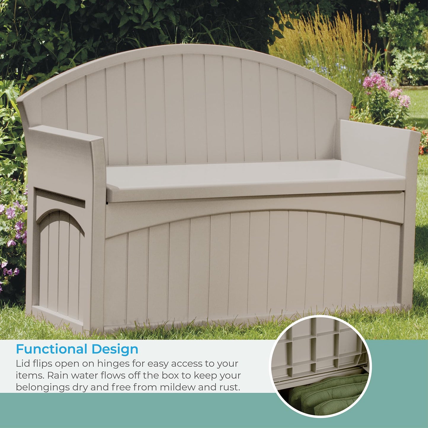 Suncast 50 Gallon Patio Bench with Storage - Decorative Resin Outdoor Patio Bench for Deck, Patio, Garden, Backyard - Ideal for Storing Toys, Cushions, Tools - Taupe ()
