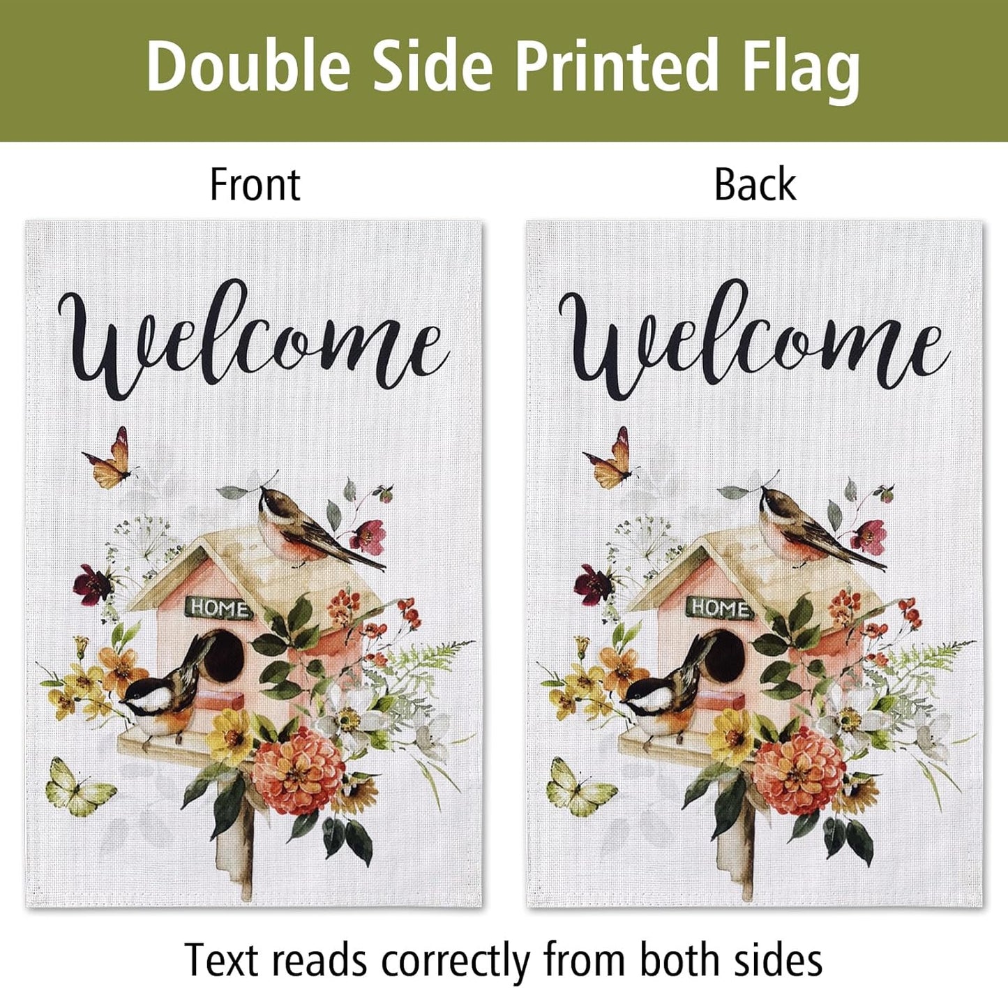 Welcome Floral Bird Garden Flag, 12x18 Inch Double Sided for Outdoor Yard Home Decoration