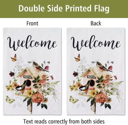 Welcome Floral Bird Garden Flag, 12x18 Inch Double Sided for Outdoor Yard Home Decoration