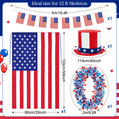 Bunnycool 4 Pcs 4th of July 12 ft Skeleton Patriotic Outfit Accessories Hat, Cape, Flag Banner, Tinsel Garland Giant Skeleton Costume Clothing for Parade Garden Lawn Outdoor Decor
