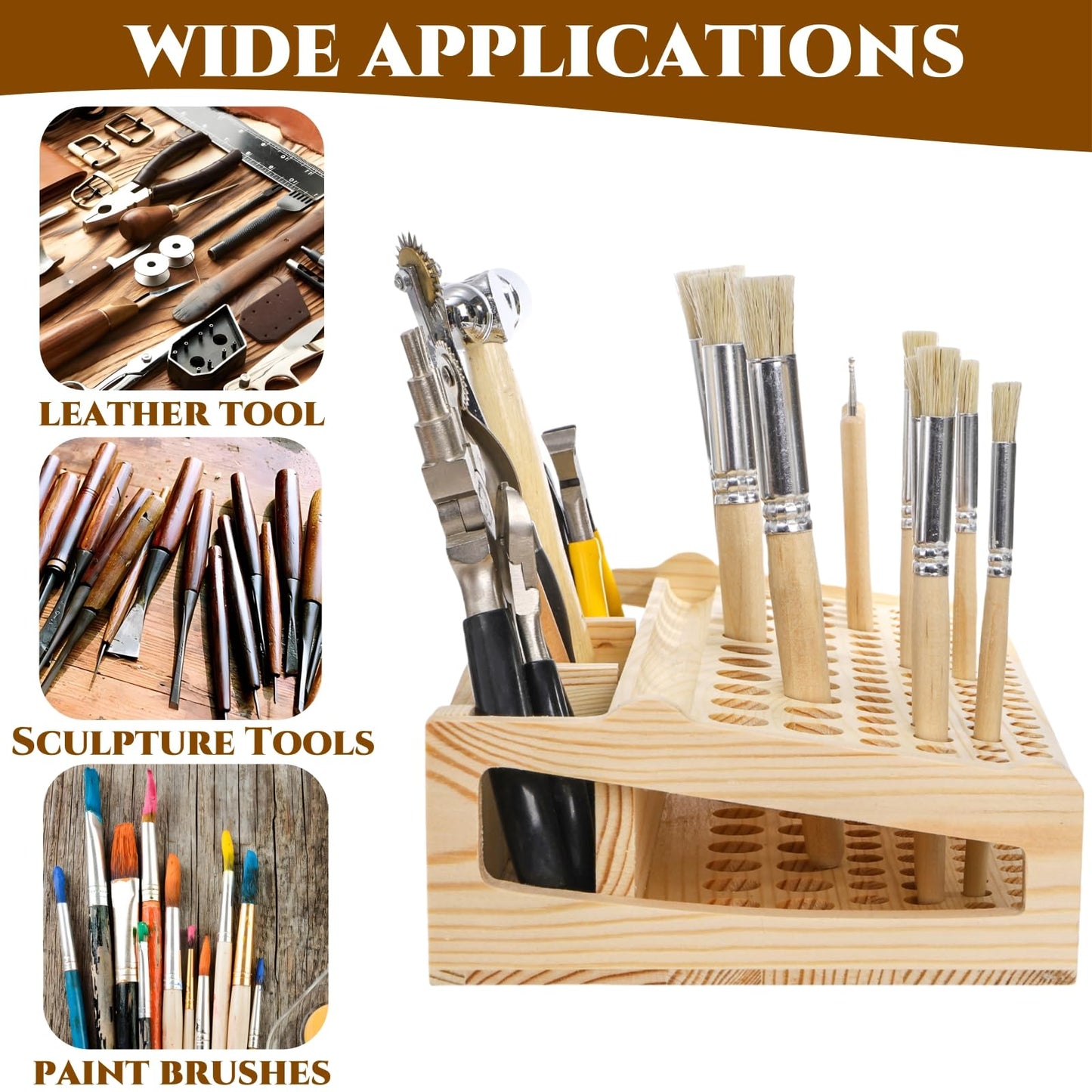 Acshio Leather Craft Tool Holder, 98 Holes Wooden Desktop Leather Working Tools Organizer with 3 Slots, Professional Large Making Punch Tools Rack Stand Storage Box for Brushes, Craft Tools