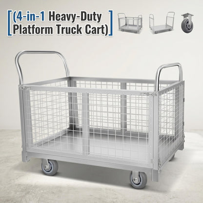 2200 LBS 4-in-1 Cart, Platform Truck Cart with maidian, 360° Direction Wheel Platform cart, Rust Resistant Steel Cage, for Grocery Store, Garage & Warehouse use
