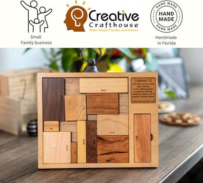 Creative Crafthouse Calibron 12 - Challenging 12-Piece Wooden Brain Teaser Puzzle for Adults - Made in USA