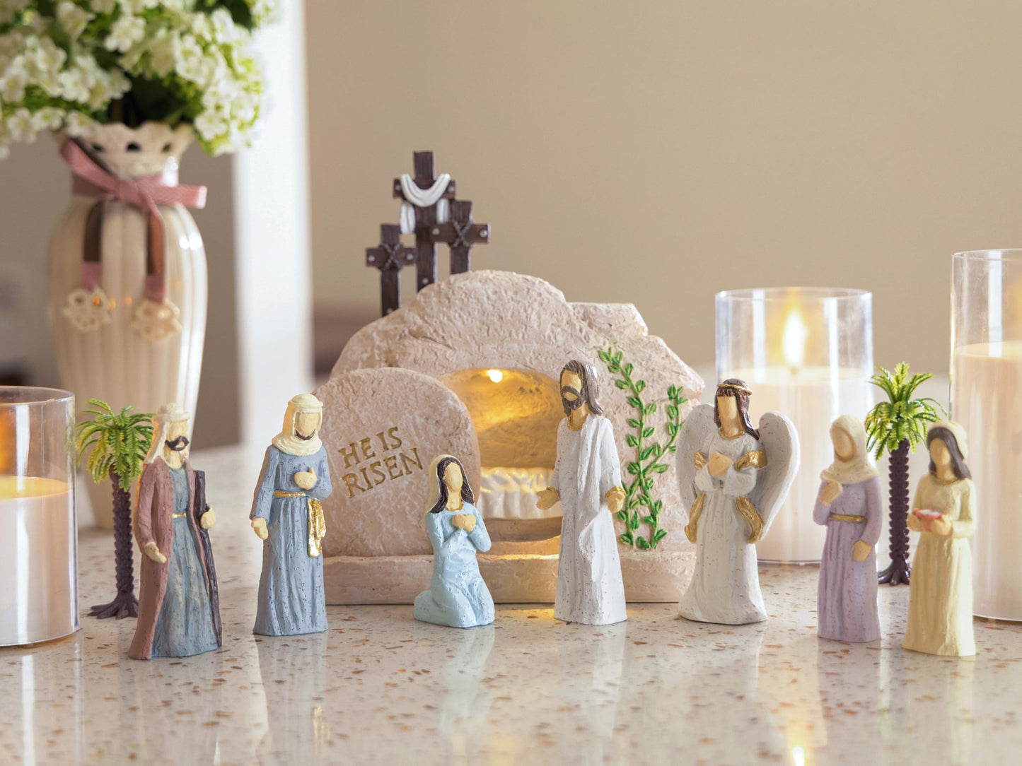 Easter Decorations for Home – 11 Pieces LED Resurrection Scene Set with Empty Tomb & Cross Shaped Resin Table Decor, Jesus Statue Set, Christian Easter Table Decorations & Mantel Decorations