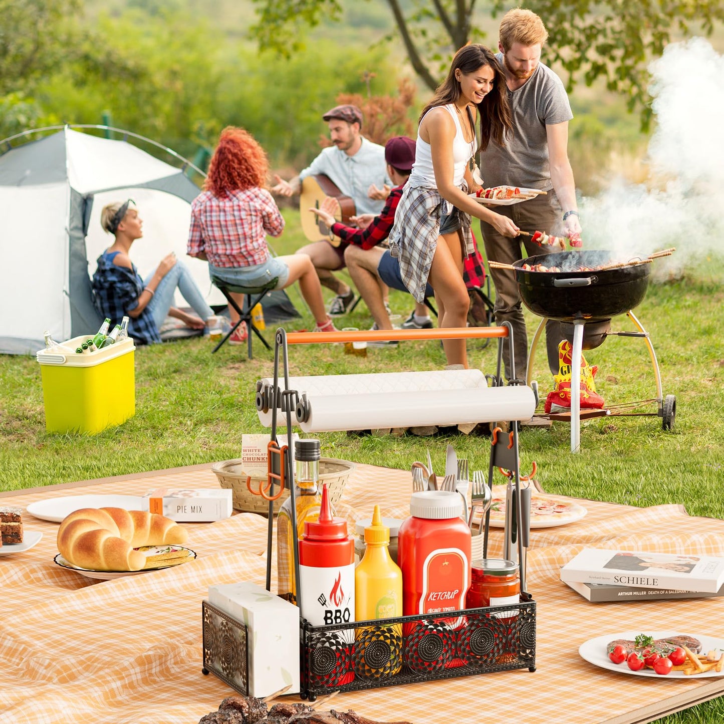EKNITEY Outdoor Grill Caddy Organizer: Camping Kitchen Accessories Rack With Paper Towel - Utensil Condiment Storage For Patio Camper BBQ Party RV