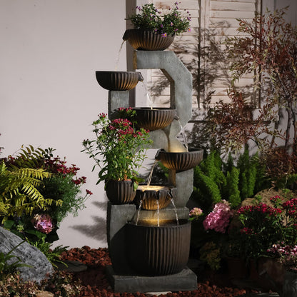 Bumilgar 57" Tall Large Outdoor Water Fountain with LED Lights, 6-Tier Cascading Bowl Waterfall Fountain, Modern Geometric Resin Garden Water Feature for Patio Yard Deck Porch Backyard Decor