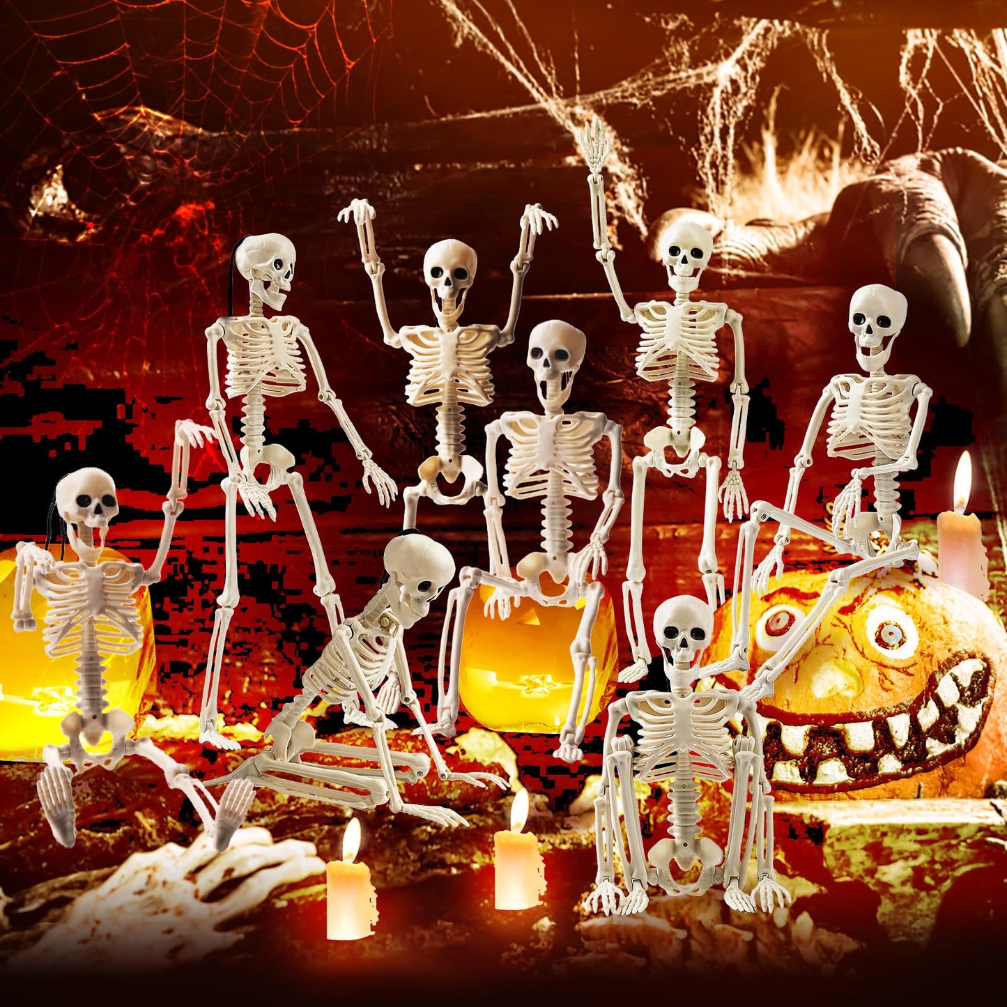 Jeowoqao Skeleton Halloween Decorations, 5Pcs 16inch Full Body Posable Joints Small Skeleton Hanging Skeleton Decor for Halloween Indoor Outdoor Graveyard Haunted House