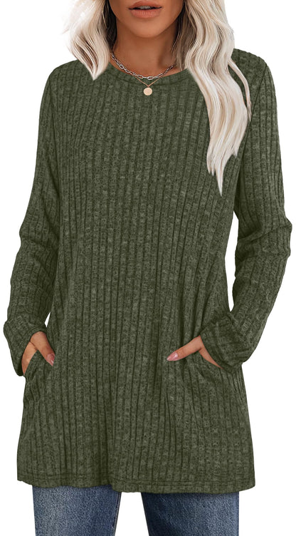 XIEERDUO Long Sleeve Shirts for Women Crewneck Tunic Tops Loose Fit Dressy Womens Sweaters with Pockets Fall Fashion 2025