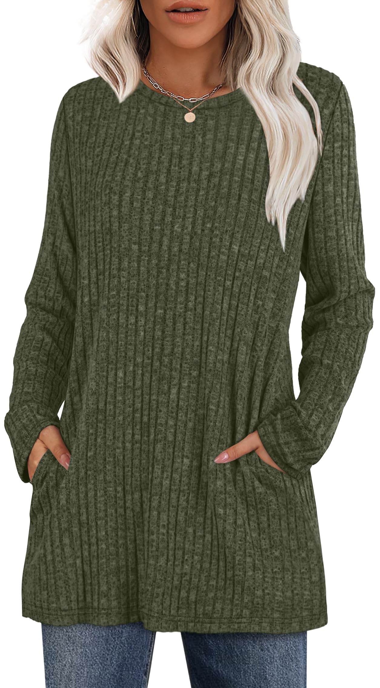XIEERDUO Long Sleeve Shirts for Women Crewneck Tunic Tops Loose Fit Dressy Womens Sweaters with Pockets Fall Fashion 2025