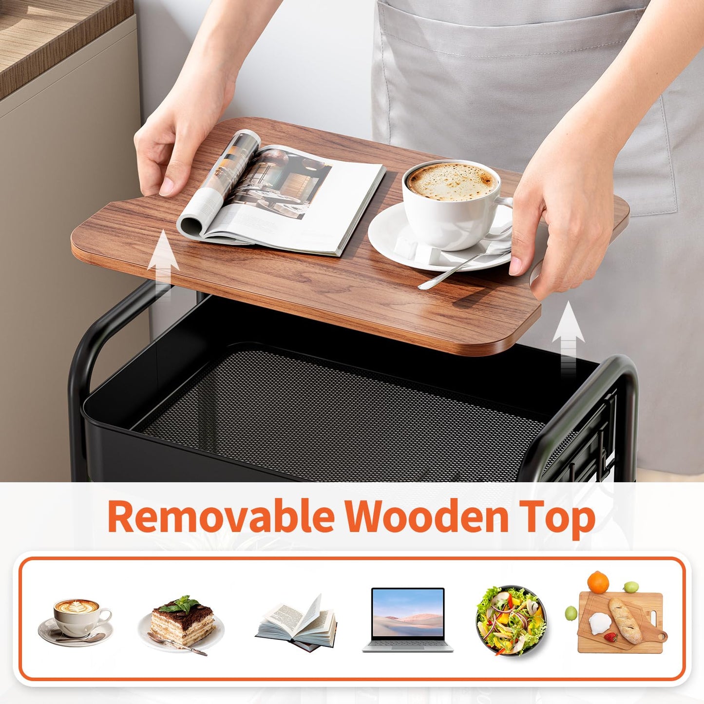 TOOLF 3-Tier Rolling Cart with Table Top, Metal Storage Cart on Wheels, Utility Organizer with Wooden Tray, Lockable Casters, Easy Assembly for Bathroom, Living Room, Office, Kitchen, Black