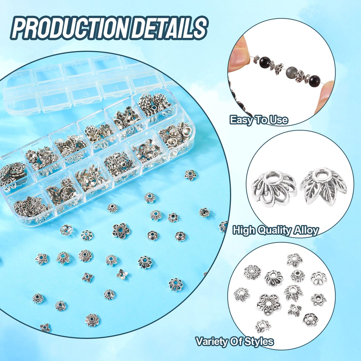 Craftdady 230pcs Antique Silver Bead Caps Tibetan Alloy Flower Bead Caps Metal Multi Petal Spacer Beads Vintage End Caps Beads 6.9 mm-10 mm for DIY Craft Earring Bracelet Jewelry Making