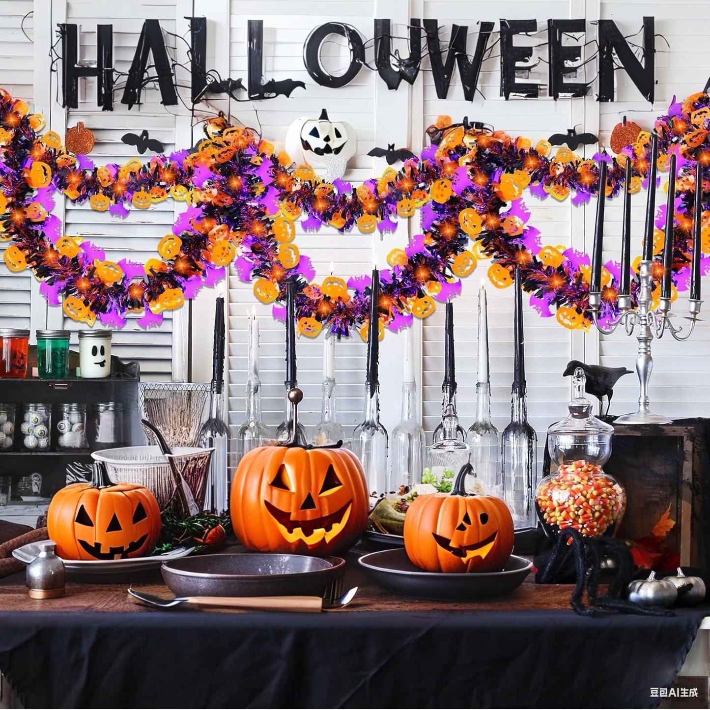 50 Ft Halloween Tinsel Garlands,Funny Pumpkin Purple Bats Shiny Metallic Twist Foil Tinsel Garland Hanging Holiday Decorations for Home Indoor Outdoor Festivities Party Decor