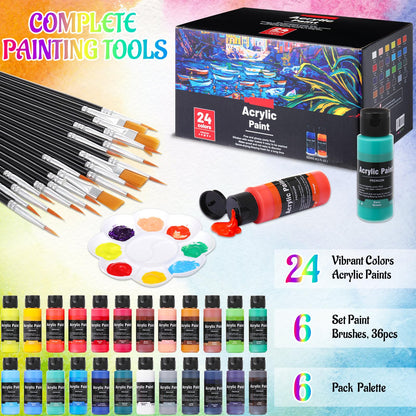 AmazingSpark 6 Set Paint and Sip Kit for Adults 8"x 10" Pre Drawn Canvas for Painting DIY Acrylic Paint Set Canvas Panels Wood Easel, 24 Colors 60ml 2oz Date Night Easter Party Favors(Art Lady)