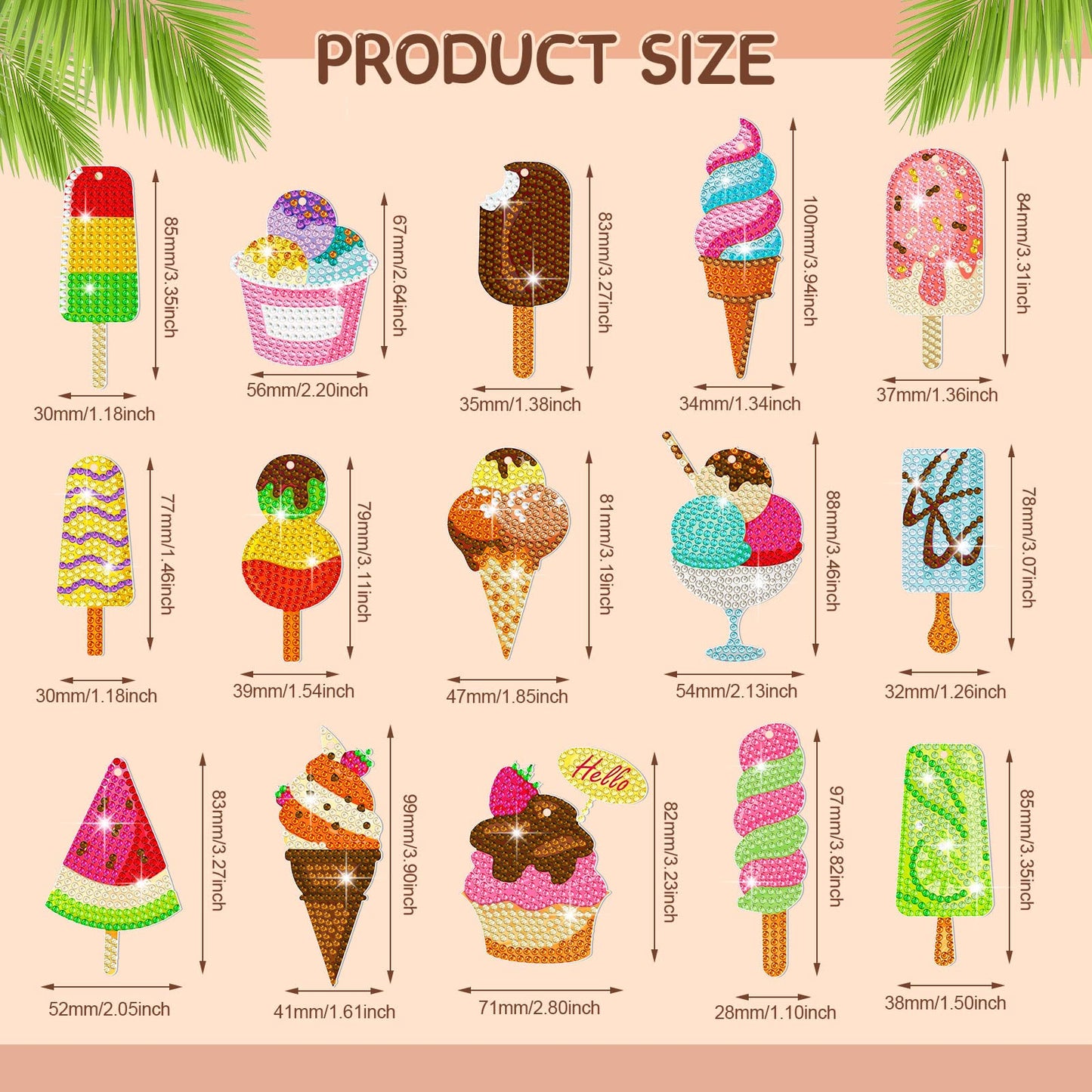Estune 15 Pieces Summer Diamond Painting Keychain Kits 5d Ice Cream Diamond Art Keychains DIY Painting Kit Summer Hanging Diamond Art Kits Diamond Art for DIY Crafts