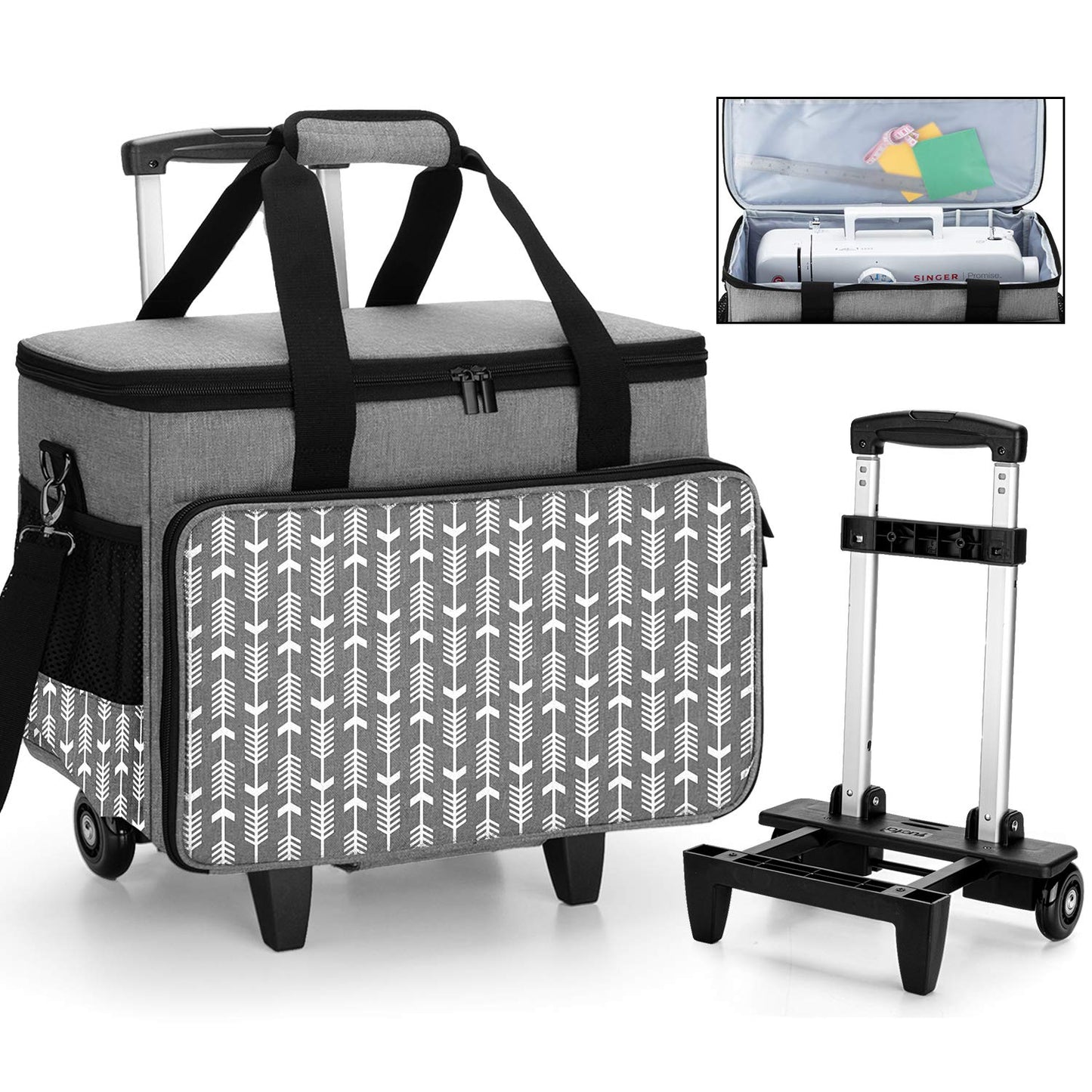 Yarwo Upgraded Rolling Sewing Machine Carrying Case, Detachable Trolley Tote Bag with Removable Bottom Board and Thickened Trailer Leg for Most Standard Sewing Machine and Accessories, Gray with Arrow