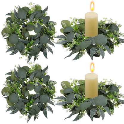 4 Pcs Eucalyptus Candle Rings Wreaths 4 Inch Center Mini Artificial Green Floral Leaves Wreaths Pillar Holder Centerpiece for Wedding Party Home Door Window Wall Farmhouse Decoration