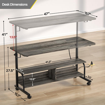 Armocity Rolling Standing Desk with Charging Station, Portable Height Adjustable Mobile Computer Desk with Wheels & 2-Tier Shelves & Hooks, Easy Assembly Laptop Table for Couch Bed, 47" Grey Oak