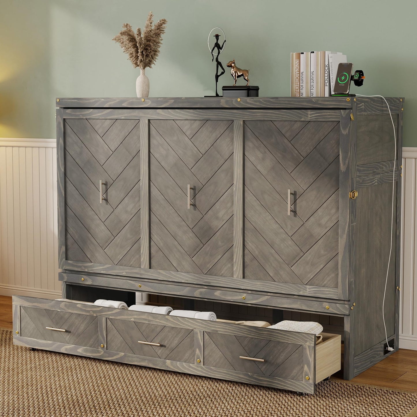 DNYN Queen Size Murphy Bed with Storage Drawer and Built-in Charging Station for Bedroom/Guest Room, Space-Saving Foldable Pine Wood Cabinet Bed with USB Ports, No Box Spring Needed