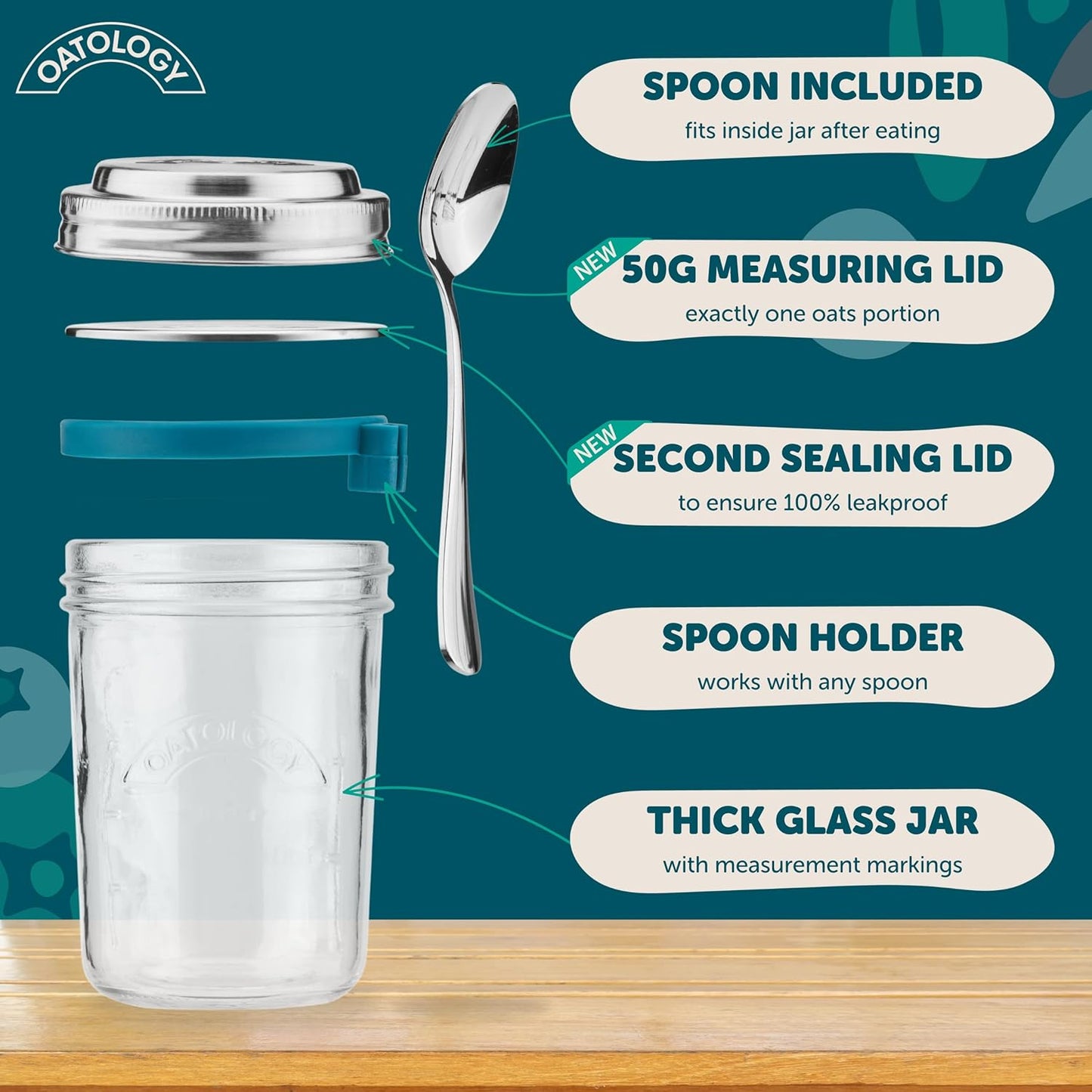 16oz 1 Pack Overnight Oats Jar with Spoon & Stainless Steel Lid - Leakproof Glass Oatmeal Container for Meal Prep