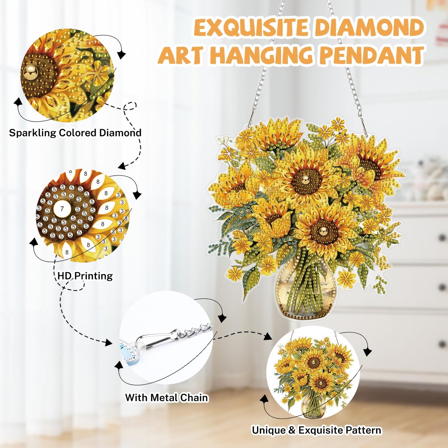 Bowetile Spring Diamond Art Hanging Kits for Adults, Diamond Art Suncatchers Sunflowers, 5D Special Shape Diamond Painting Pendant Window Ornament Gifts for Home Wall Garden Door Decor
