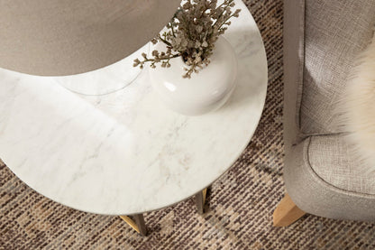 Kate and Laurel Solvay Round Metal and Marble Side Table; 16 x 16 x 24; White Marble and Antique Brass; Modern Glam Bedroom Nightstand Table with Premium Natural Marble Stone and Iron Base