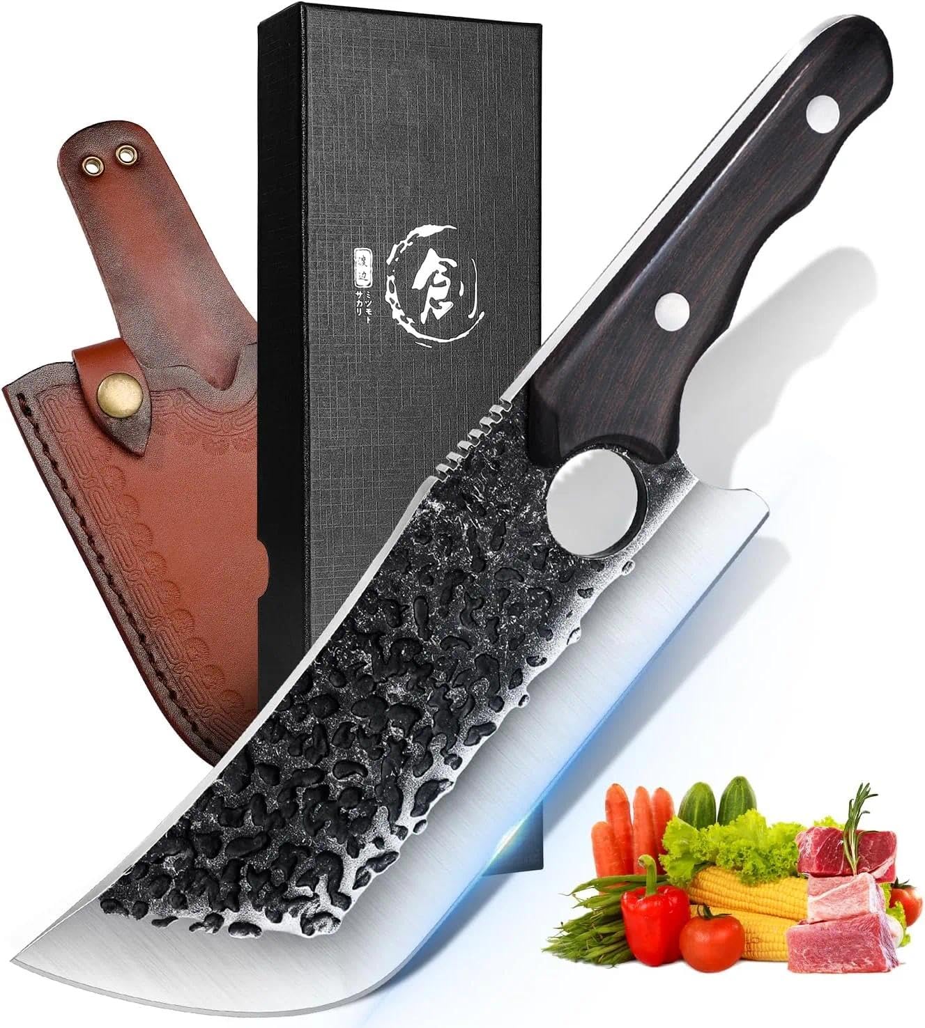 TIJERAS Butcher Knife for Meat Cutting, Japanese Hand Forged Meat Cleaver with Sheath, Full Tang Japanese Cleaver for Camping, BBQ, Birthday Gifts for Men Women