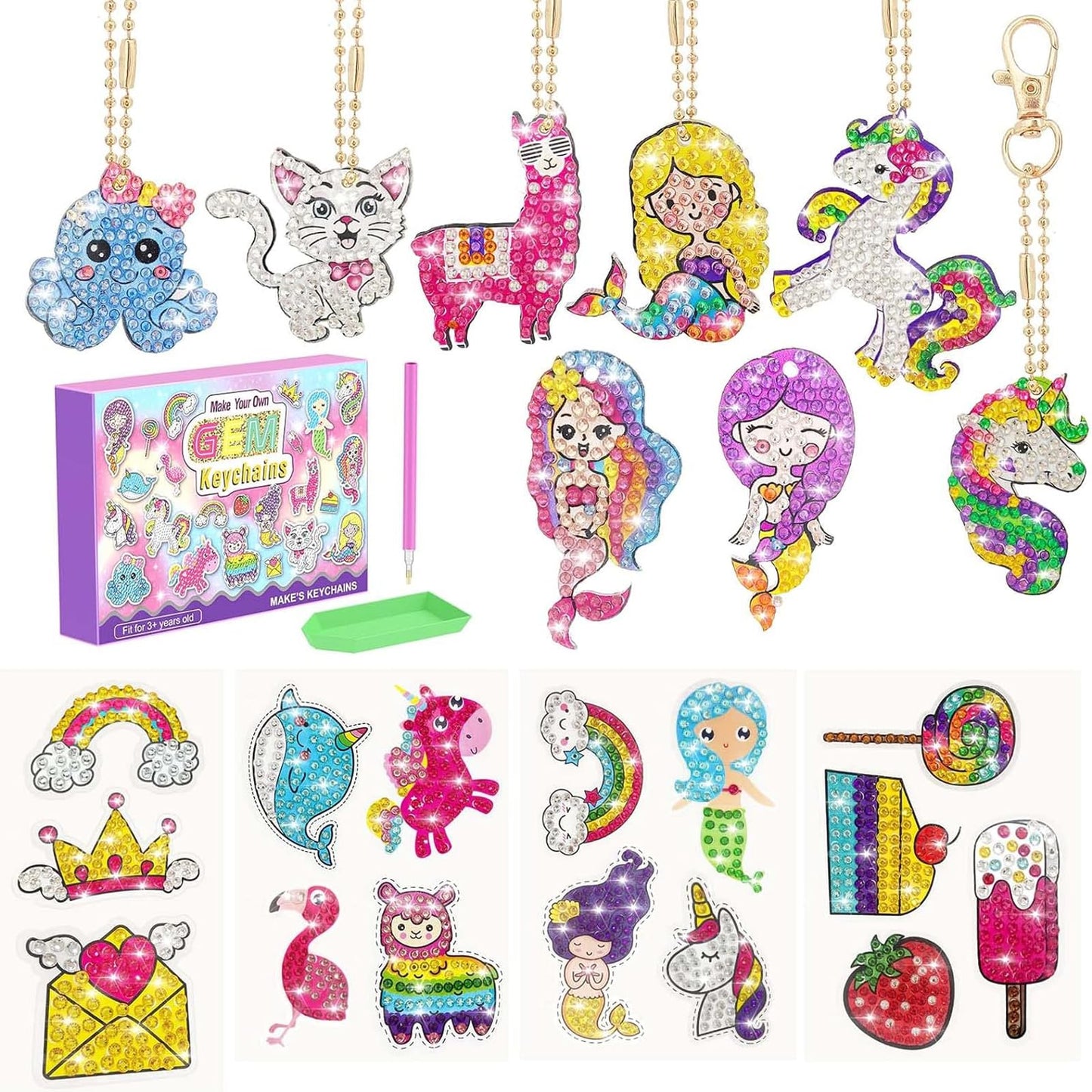 ACSAUMMY Diamond Art Painting Kits, 15pcs Diamonds Art Sticker + 8pcs Double Sides Diamond Keychains Kit Uni-Corn Gem Arts Craft Stickers Kit DIY Diamond Keychain Making Kit for Adults Kids Age 6-12