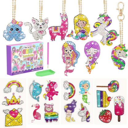 ACSAUMMY Diamond Art Painting Kits, 15pcs Diamonds Art Sticker + 8pcs Double Sides Diamond Keychains Kit Uni-Corn Gem Arts Craft Stickers Kit DIY Diamond Keychain Making Kit for Adults Kids Age 6-12
