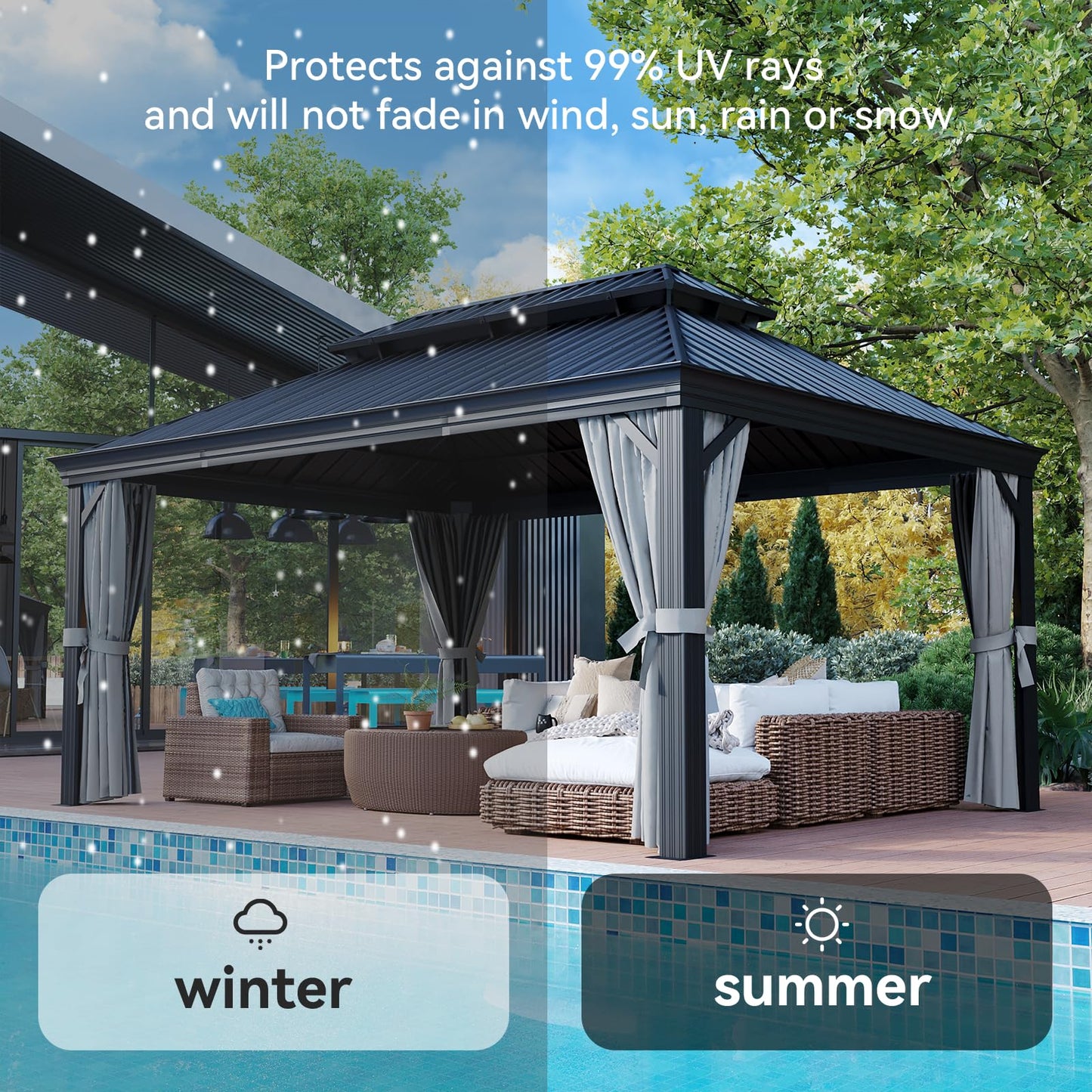 Aoxun 12' X 16' Hardtop Gazebo with Drainage System, Aluminum Outdoor Gazebo with Galvanized Steel Double Roof, Patio Permanent Metal Pavilion with Netting, for Garden, Deckyard, Grey