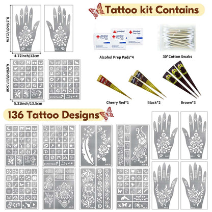 Gabizafia 136 PCS Henna Tattoo Stencil Kit, 6 PCS Ink Brown Black Cherry Red Henna DIY Face Body Art Mehndi Henna Stencils Skin Painting Tattoos Kit for Adult Women Men Bridal Wedding Ramadan Party
