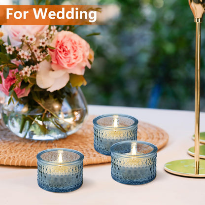 JOYIT Blue Votive Candle Holders Bulk Set of 4, Tealight Candle Holder for Wedding Table Centerpiece, Glass Small Candle Holders for Birthday Party, Valentine's Day, Home Decor (2''X 1.4'')