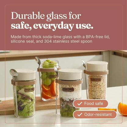 Overnight Oats Containers with Lids and Spoons (4 Pack) – 12oz Glass Jars for Yogurt Meal Prep, Chia Pudding & Snacks – Leakproof Airtight Mason Jar Set – Portable Food Storage with Cleaning Brush
