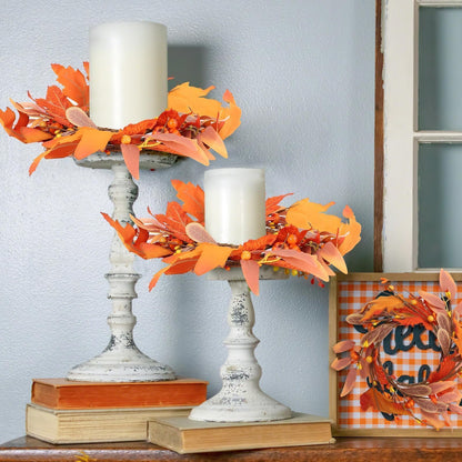 6 Pcs Mini Fall Wreaths Thanksgiving Table Centerpieces Fall Candle Rings 9 Inch Maple Leaf Wreaths for Cabinets Farmhouse Autumn Wreath for Front Door Porch Wall Window Decorations