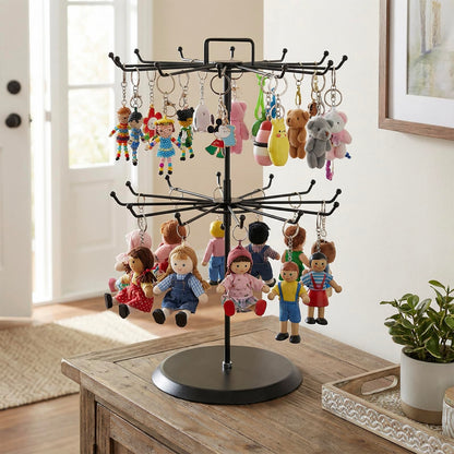 MyGift 2 Tier Black Metal Rotating Necklace tree stand for vendor & bracelet holder Jewelry Stand with 24 Hooks, Multipurpose Accessory and Keychain Spinning Display with Top Handle Card organizer