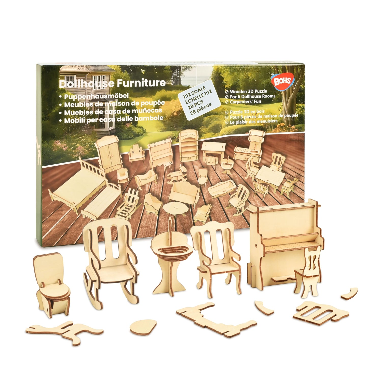 BOHS Wooden Dolls House Furniture 1/12 Scale - 3D Puzzles for Miniature Dollhouse Furniture Accessories - Large,28 PCS