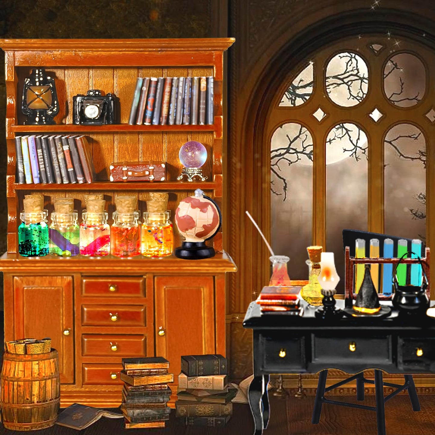 Rileryan 54 Pcs 1:12 Scale Magic Witchy House Kit Halloween Miniatures Furnitures Accessories Mini Wooden Bookshelf Bookcase 30 Mini Books Desk Chair Halloween Decoration Gift