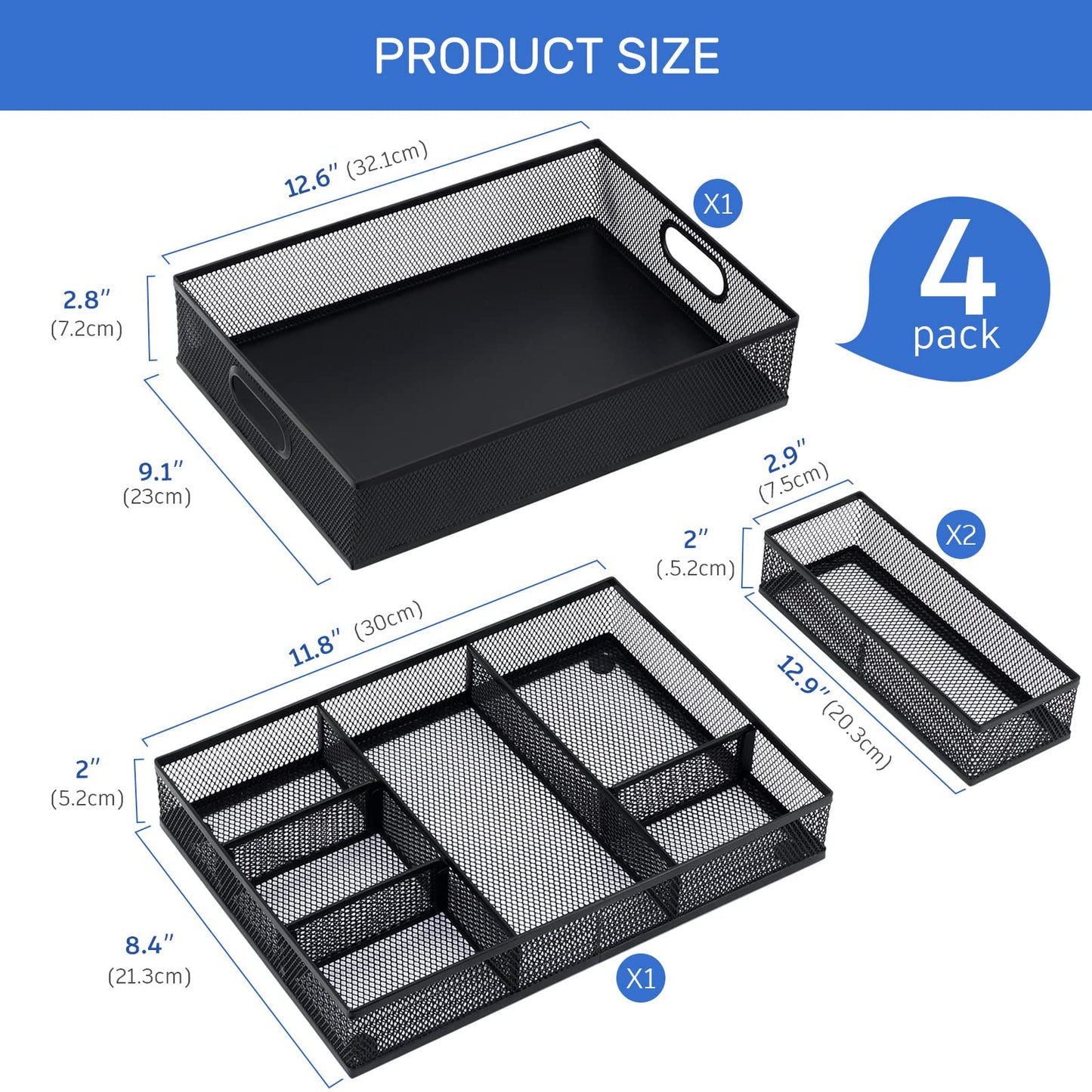 Neudeco Desk Drawer Organizer, 4 Pack Metal Mesh Drawer Organizer Set with Adjustable Dividers, Stackable Pen Organizer for Desk Drawer, Office Supplies Organizer, Black