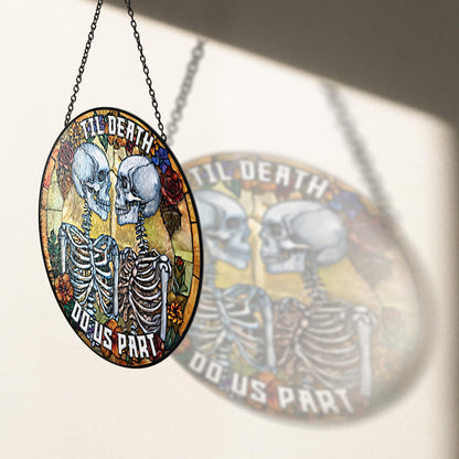 7.8" Skeleton Couple Stained Glass Suncatchers, Gifts for Women Men Wife Husband Hanging Indoor Window, Decorative Halloween Valentine Skeleton Lovers Kissing ART-01E-SG8