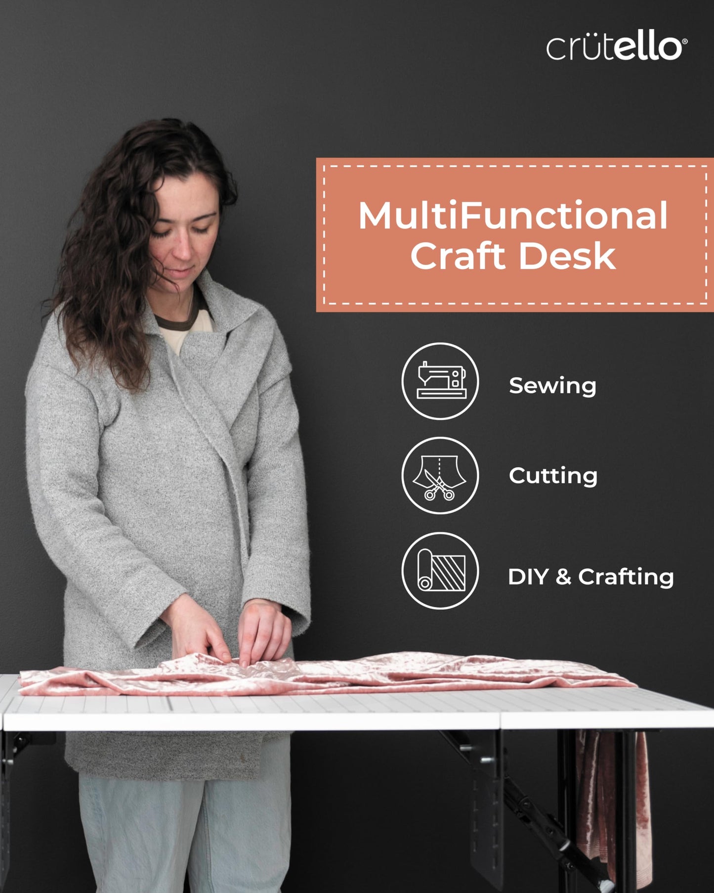 Crutello Folding Sewing Table and Craft Table for Adults - 42x24 inch Grid Top Crafting Desk for Fabric Cutting & Crafts - Steel Folding Storage Legs & Drop Down Sewing Machine Platform