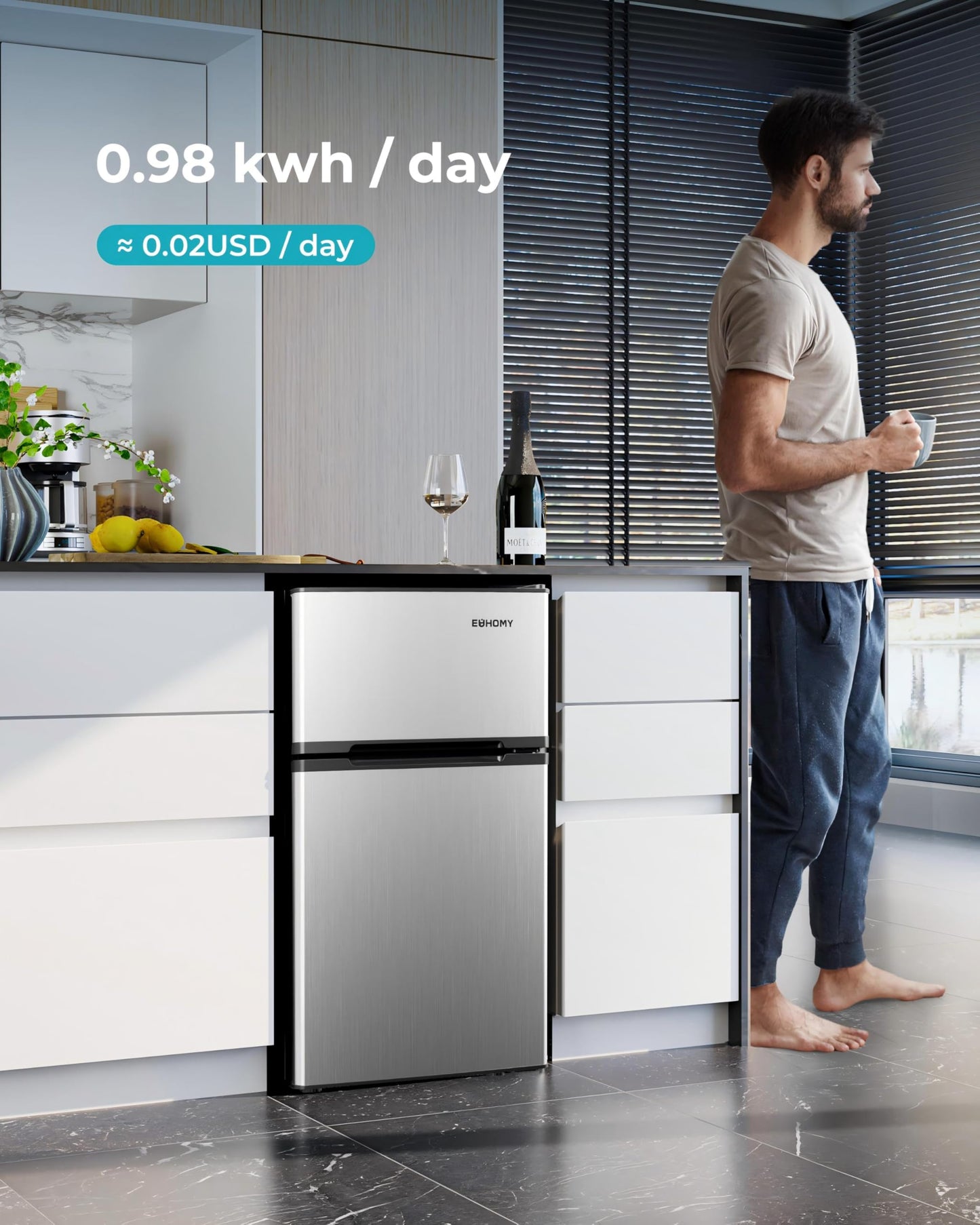 EUHOMY Mini Fridge with Freezer, 3.2 Cu.Ft Mini Refrigerator fridge, 2 door For Bedroom/Dorm/Office/Apartment - Food Storage or Cooling drinks, Silver