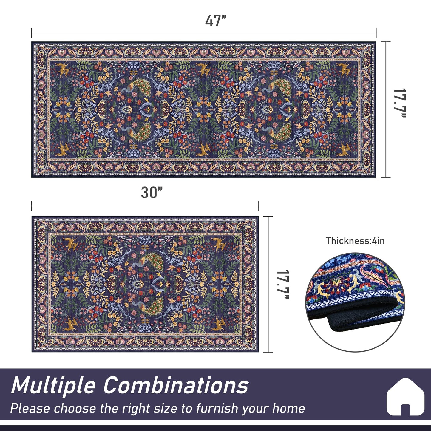 SAIKOOWA Kitchen Mats for Floor,Kitchen Rugs Mat Non Slip Washable Set of 2 PCS, Absorbent Runner Rugs for Kitchen, Front of Sink, 17.3"x 47"+17.3"x 30" Flowers Birds