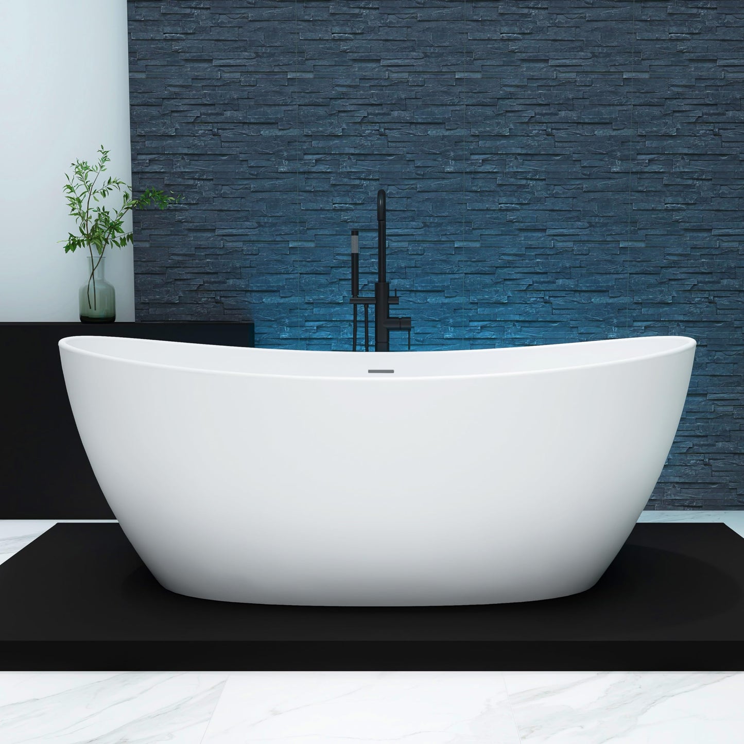 65'' Freestanding Solid Surface Resin Stone Bathtub, Freestanding Tub, Contemporary Design Stand Alone Tub with Pop-up Drain and Overflow, cUPC Certified, Matte White