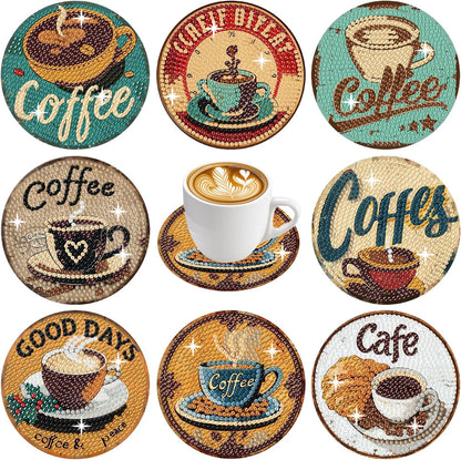 ASslanLYs 8 Pcs Diamond Paintings Coasters,Coffee Diamond Art Coasters Kits for Adults Set with Holder-DIY Craft Diamond Dots for Family Decoration Holiday Gift